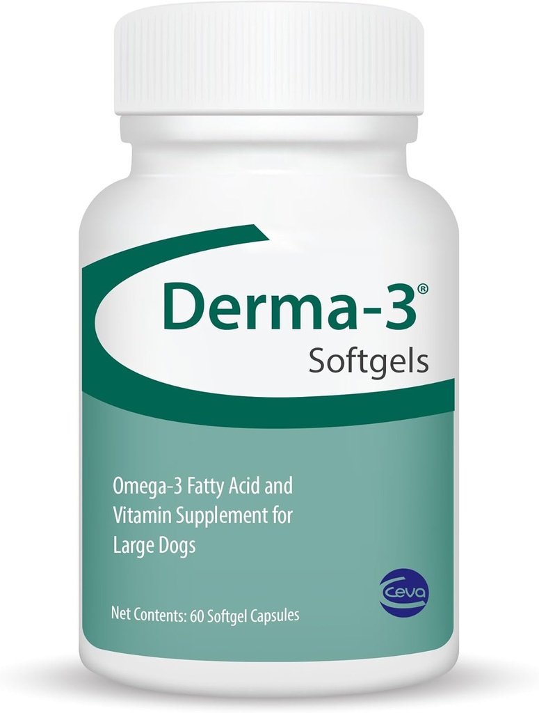 Ceva Derma-3 Softgels, Omega-3 Acid gras & supliment de vitamina pentru câini de talie mare (60 Număr)