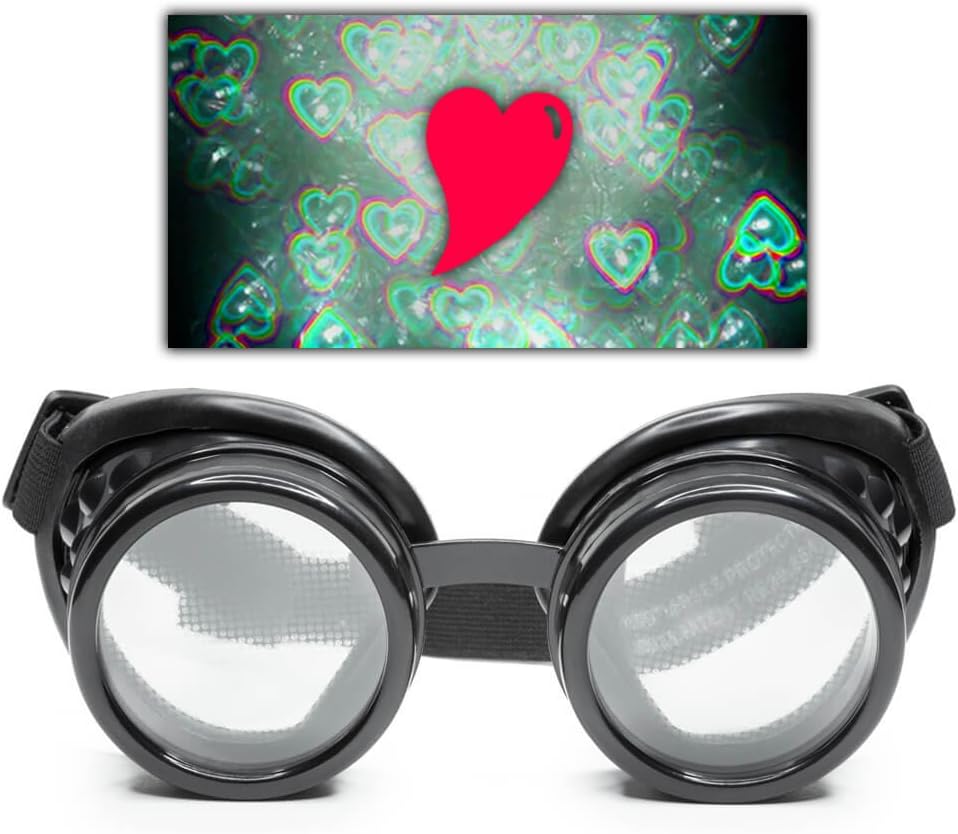 GloFX Black Heart Effect Difraction Goggles - A se vedea Hearts - 3D Holographic Visuals Edm Rave Outfit Steampunk Costume Cosplay Music Festival Essential