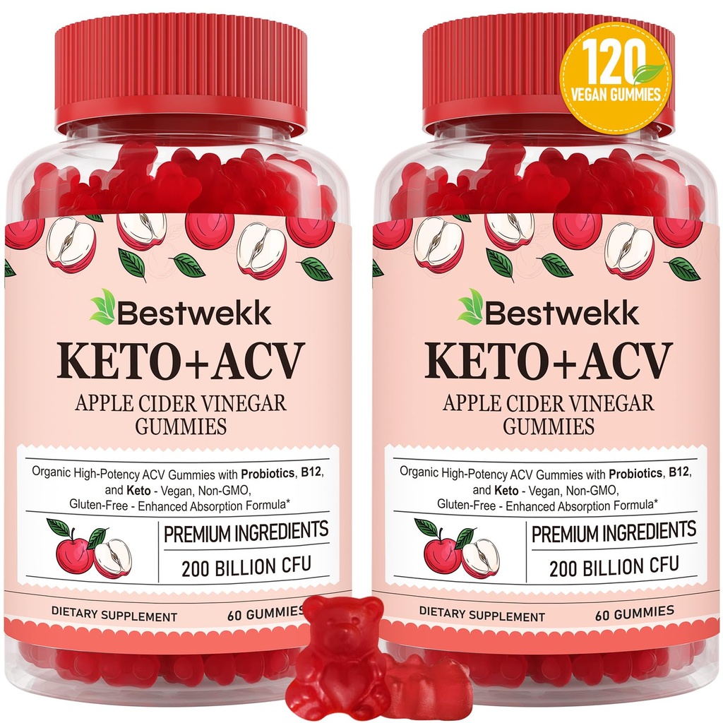 Apple Cidru Otet Gummies, Max Putere 2000mg ACV Gummy cu Probiotice, B12 și Keto Suport, Pentru Digestie, Metabolism, Detox, Gut & Immune Health, Gelatină-Free, Non-GMO, 120 keto acv gummies