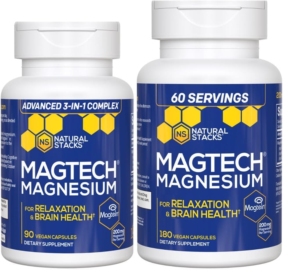 Natural Stacks Magtech Magneziu Value Bundle - 3 forme de magneziu - Featuring Magtein L-Treonat - Sprijină Relaxarea și sănătatea creierului* - 270 Capsule totale