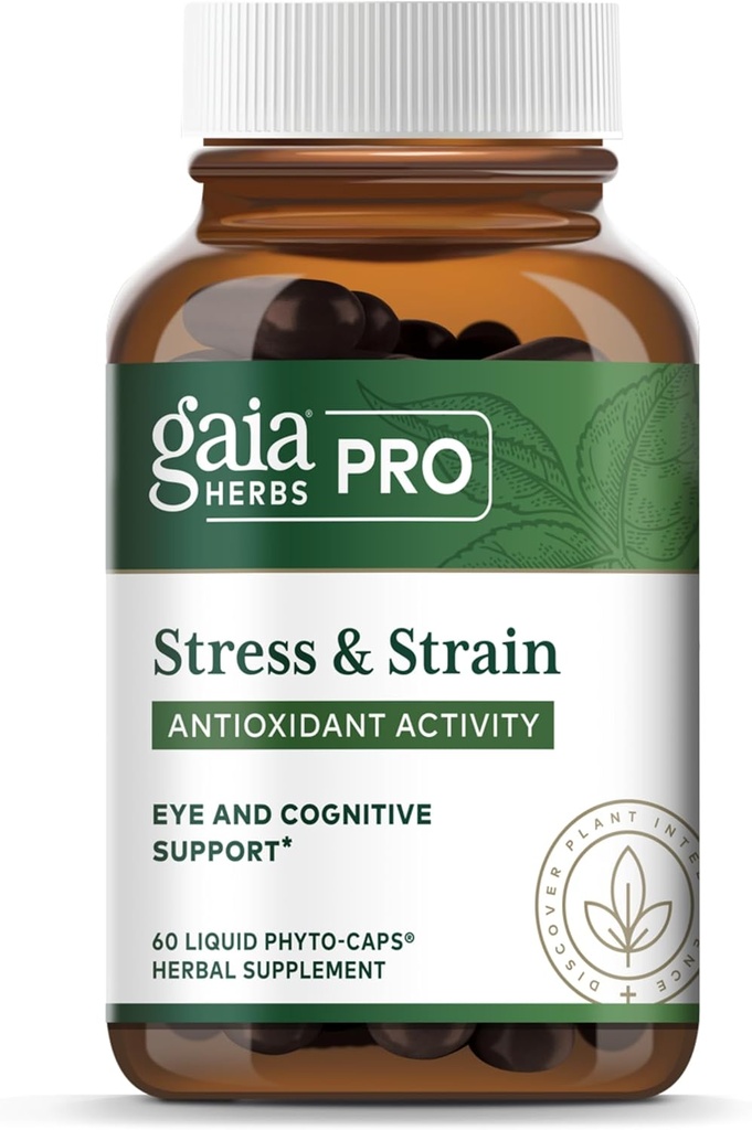 Gaia Herbs Pro Stress & Strain - Eye Health Support - Caracteristici Astaxantină, Lutein, Seminte de struguri & More - Vegan, Gluten-Free & Dairy-Free - 60 Fito-Caps lichide (60 Servings)