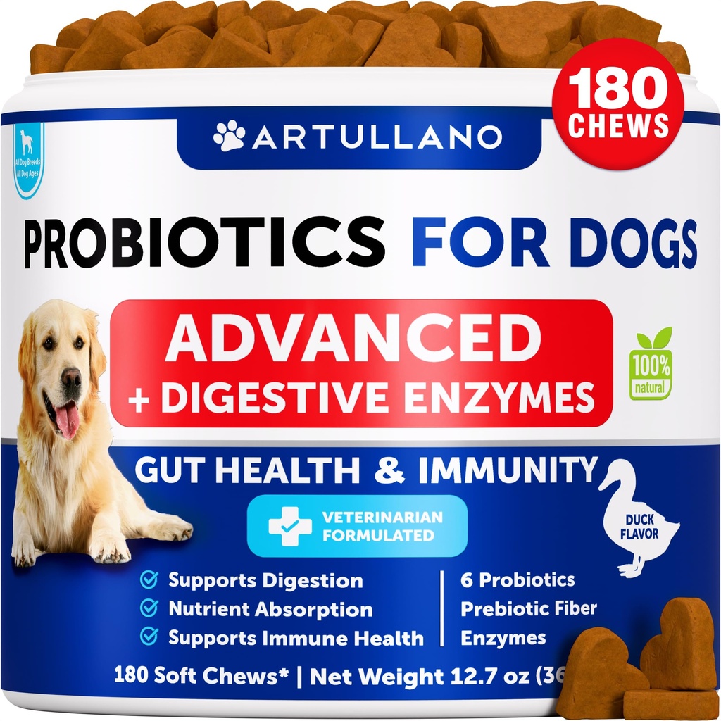 Probiotice pentru câini - Suport Sanatate curajoasa, Itchy Skin, Alergii, Imunitate, Echilibru Drojdie - Probiotice caine si enzime digestive cu prebiotice - Reduce diaree, gaz - 180 Probiotice Chews pentru câini
