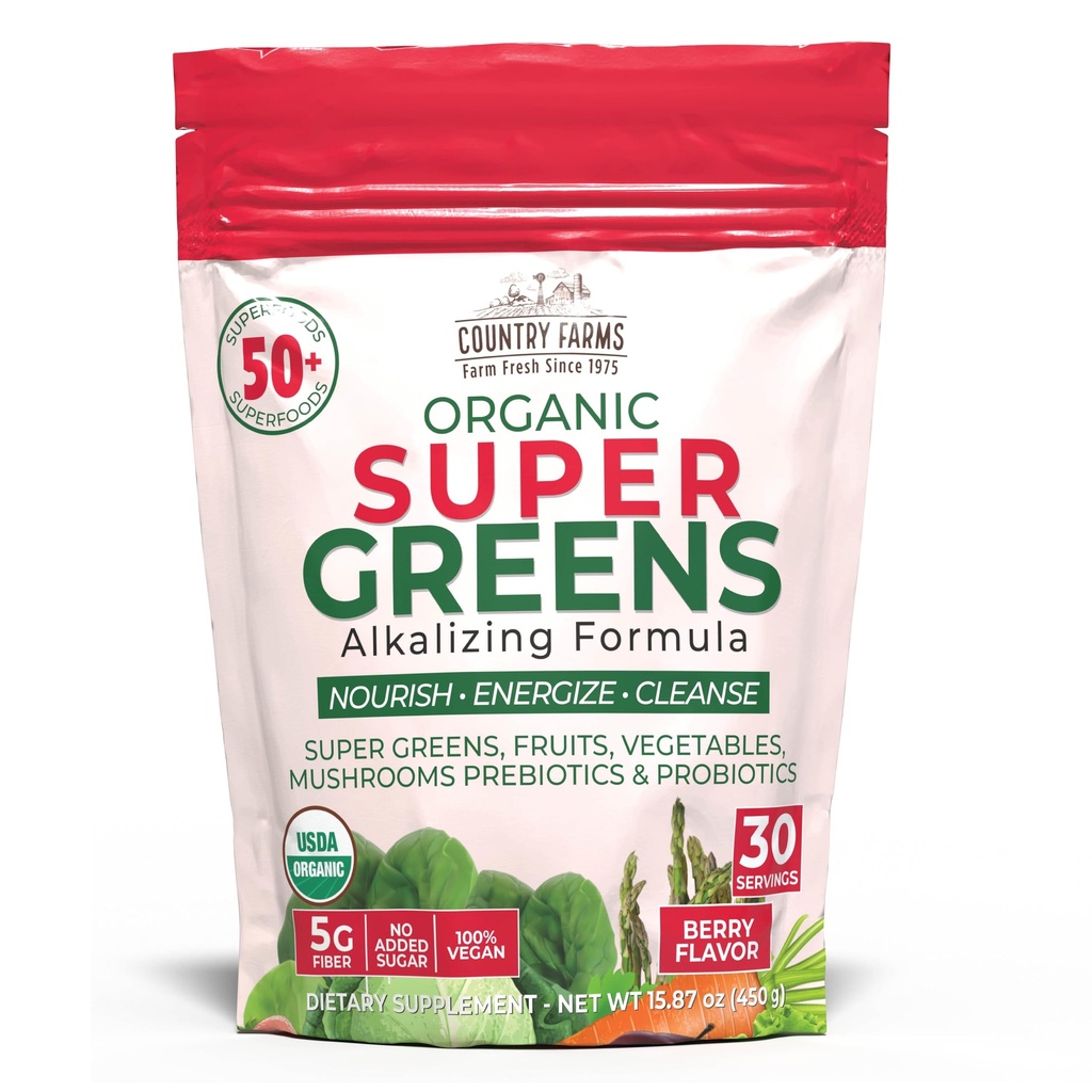 Ferme de ţară Super Greens Berry Flavor, 50 Organic Super Foods, USDA Organic Drink Mix (Wheat Grass, Spirulina, Chlorella) Ciuperci & Probiotice, cu fibre, Gut Health, Natural Energy, 30 Servings
