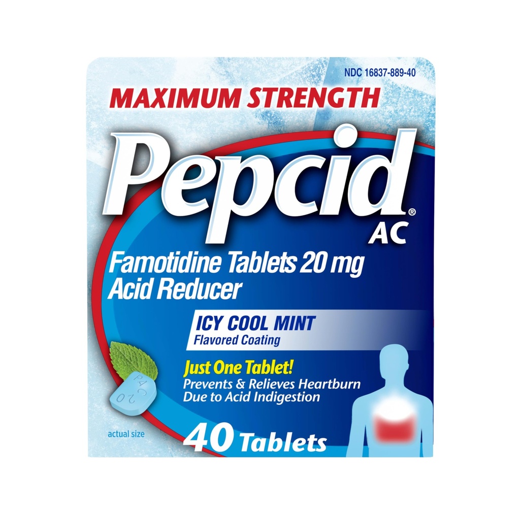 Pepcid AC Concentraţia maximă de arsuri la stomac comprimate de reducere a arsurilor la stomac, medicament OTC Preveneşte şi elimină arsurile la stomac datorită indigestiei acide şi stomacului acru, 20 mg Reductor de acid famotidină, ICY Cool Mint, 40 ct