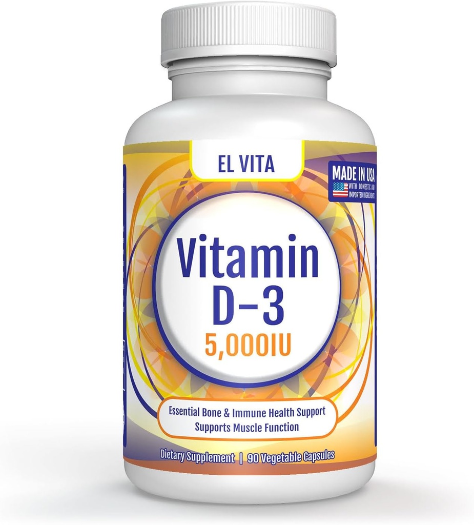 90 Capsule vegetale Vitamina D. D3 5000 UI (125 MCG) Supliment alimentar de susţinere imună de mare potenţă. Recuperare musculară sănătoasă avansată. Formula non-GMO