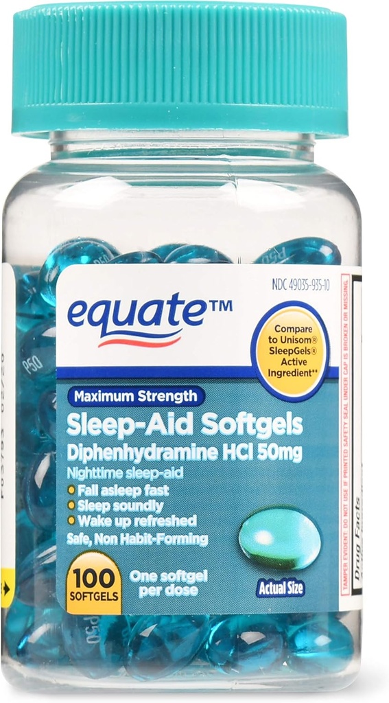 Equate Concentrație maximă Sleep-Aid Softgels, 50 mg, 100 Conte
