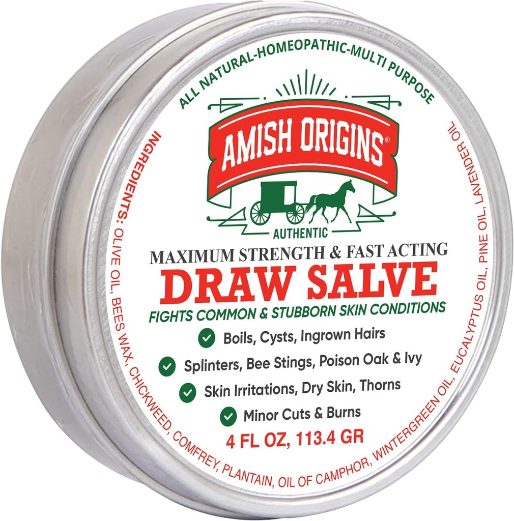 Amish Origins Desenează Salve Ointment, 4 oz Putere maximă Fast Acting Salve Salve for Splinters, Boil, Bee Stigs, Cyst, Anti Itch Cream, Made in USA