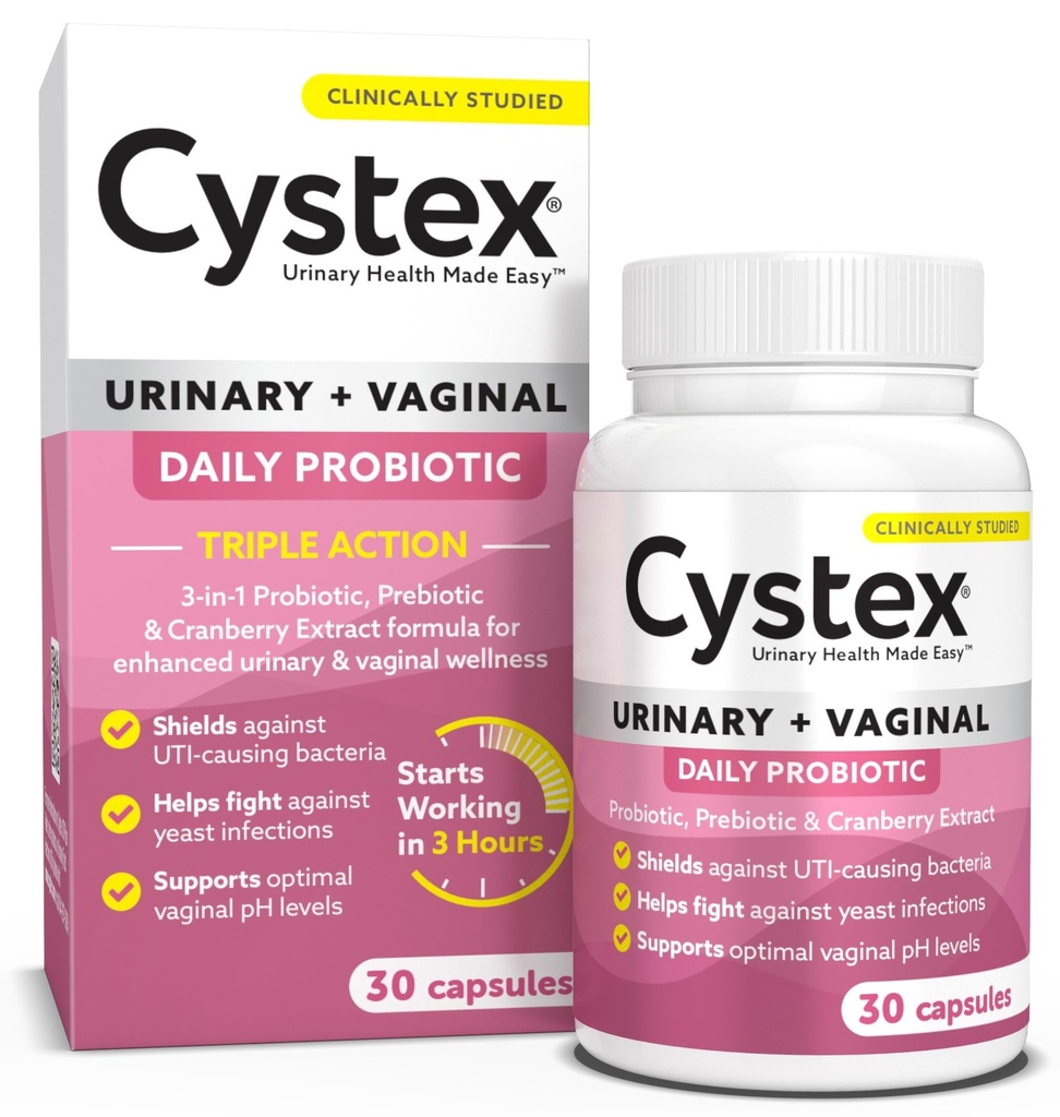 Cystex 3-in-1 Tract urinar Probiotic pentru femei - UTI cu acţiune rapidă şi Infecţie cu Drojdii Suport cu Prebiotice, Probiotice, & Cranberry - Sprijină pH-ul vaginal şi echilibru Flora - 30 capsule