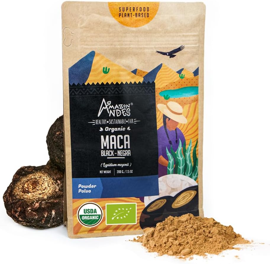 Anzi Black Maca Root Powder (Lepidium meyenii) - conține Carbohidrats & Minerale - Adaptogen superfood & Health Promotor - Gelatinizat, Vegan, Non-GMO & Allegen-free - 7 Ounce (40 Serviri)