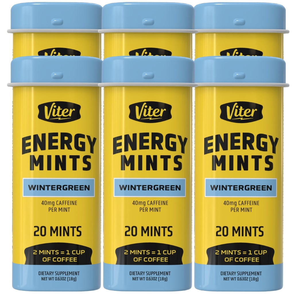Viter Energy Cafeina menta 40mg Cafeina, B Vitamine, Zahăr gratuit. (Wintergreen, 20pcs, 6 Pack)
