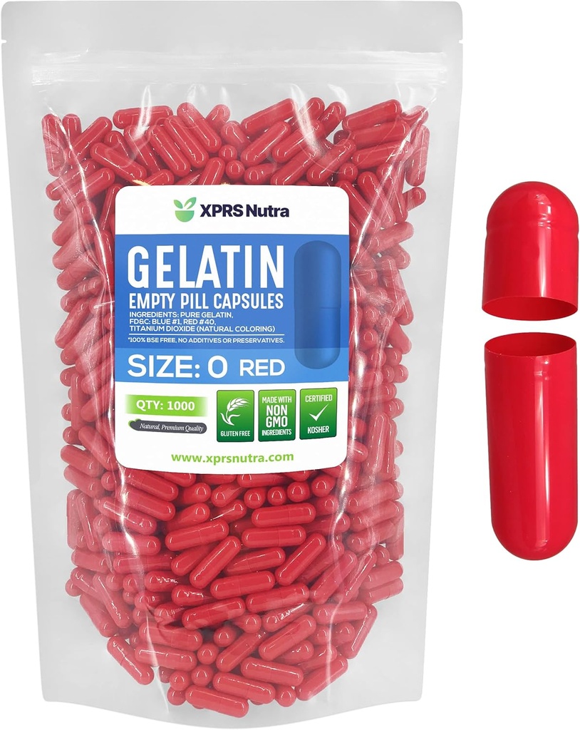 XPRS Nutra Dimensiune 0 Capsule goale - 1000 Capsule gelatinoase goale - Pastile capsule DIY Umplere - Capace pure de gel pentru pastila bovină pentru suplimentele dumneavoastră (roşu)