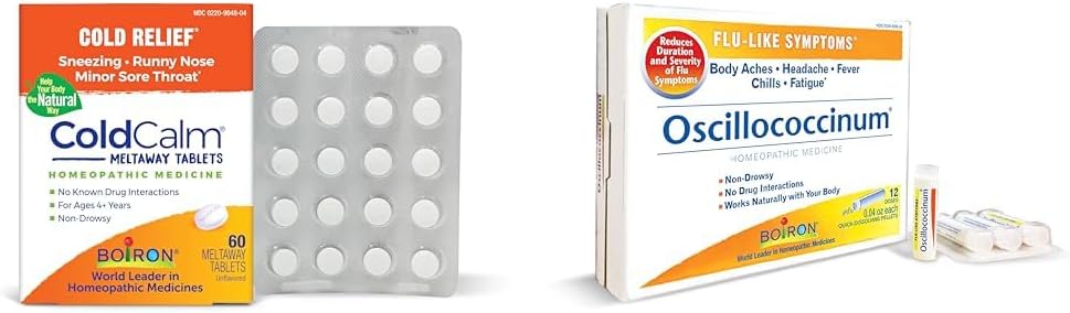 Boiron ColdCalm Tablets for Relief of Common Rece Ssimptome, cum ar fi Snetezing & Oscillococcinum for Relief from Flu-Like Simptomes of Body Aches, Heaches, Fever, Chills, and Oboseală - 12 Count