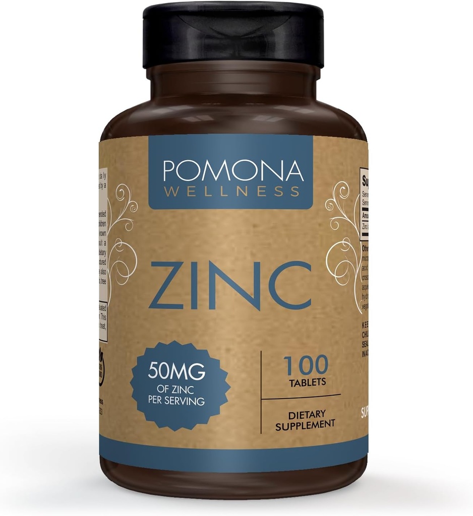 Pomona Wellness Suplimente de zinc pentru adulți, 50mg, Sănătatea pielii și sprijin imunitar, ușor de înghițit, pentru antioxidant și sănătate generală, Vegan, non-GMO, 100 comprimate