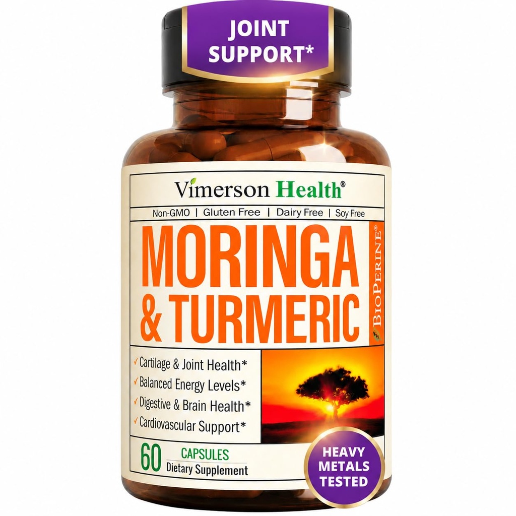 Moringa + Curcumin Turmeric Supliment pentru sănătate comună, sănătate gută, energie și sprijin imunitar - Formula de wellness totală - Curcumin Tumeric cu capsule pure Black Pepper & Moringa - 60 Conte