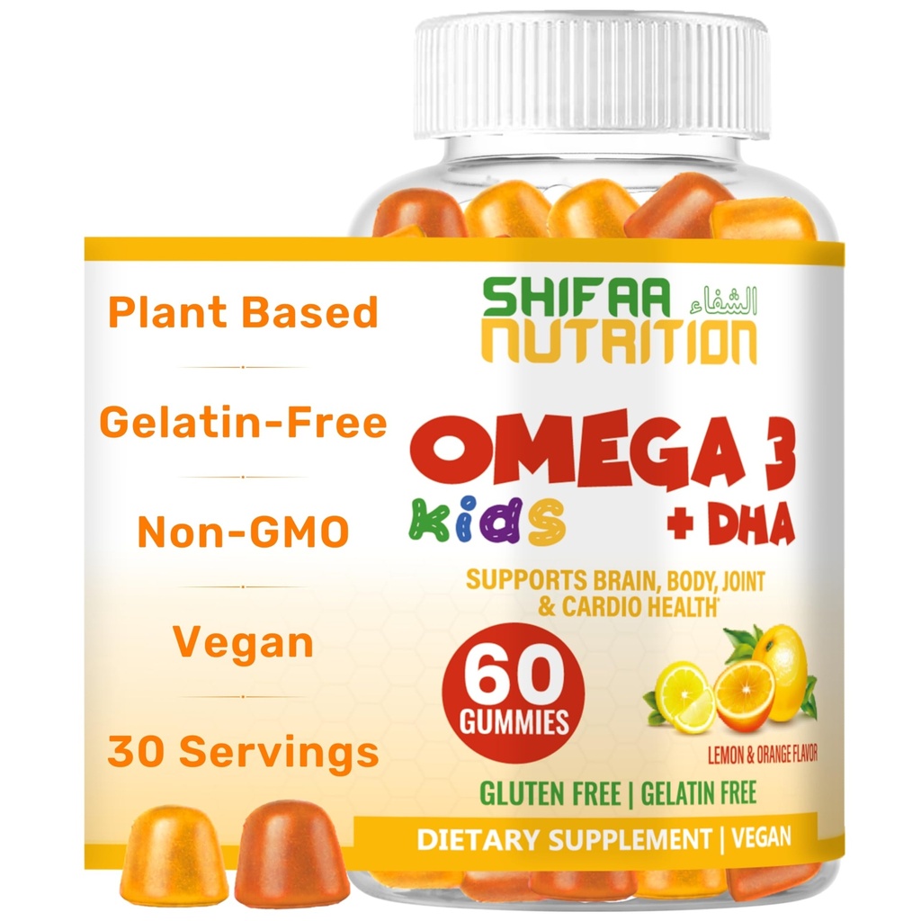 SHIFAA NUTRITION Halal Omega 3 pentru copii cu gume DHA pentru dezvoltarea creierului, inima si suport imunitar, plante-Based, non-GMO, Algae-Based DHA, Gluten & Gelatina-Free Kids Omega 3 Gumies, 30 Serviri