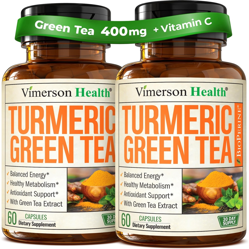 Curcumina turmerica Supliment cu extract de ceai verde (ECGC) & Vitamina C pentru sanatate comuna, energie si echilibru inflamatie - Curcumina tumerica organica cu piper negru - Gluten-free, non-GMO. 2-Pack