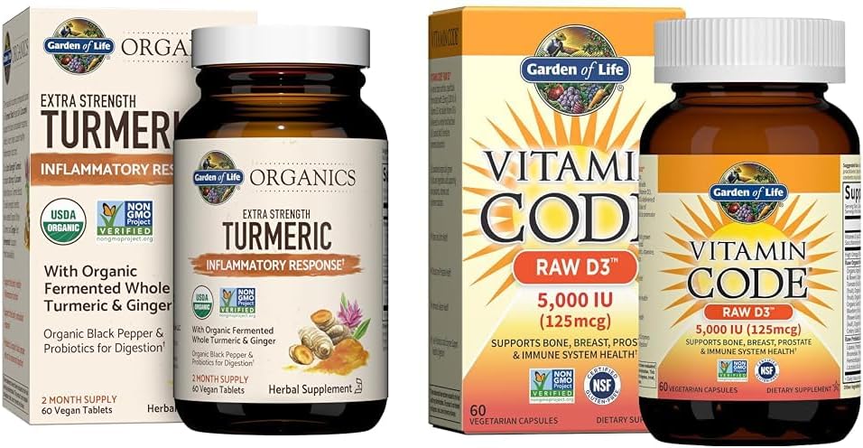 Grădina de viaţă Răspuns inflamator Turmeric & Vitamina D3 Suplimente alimentare brute, 60 comprimate & 60 capsule