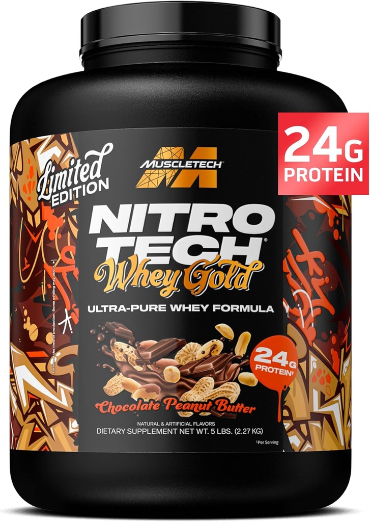 MuscleTech Whey Proteine pulbere (unt de arahide de ciocolată, 5LB) - Nitro-Tech Proteina Whey Izolat Smoothie Mix pentru Lean Muscle & Recuperare rapidă - 24g de proteine de aur Whey pentru femei și bărbați - Gluten-Free