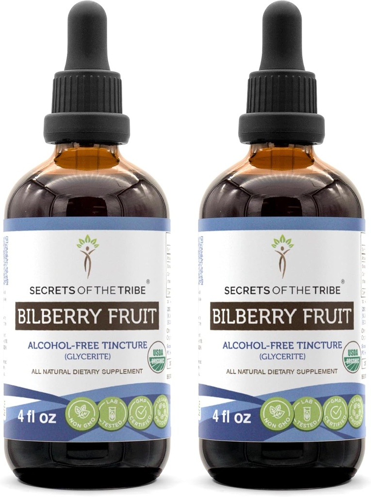 Secretele extractului lichid fără alcool din Tribe Bilberry Fruit, USDA Organic Bilberry (Vaccinium Myrtillus) Suplimentul pentru tinctura de fructe uscate (2x4 FL OZ)