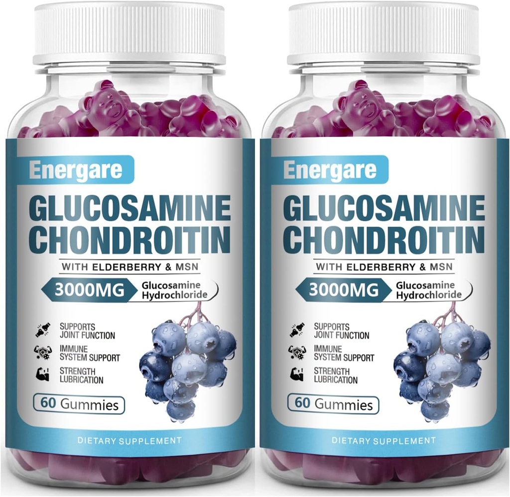 2 Pack 3000mg Glucosamină Chondroitin cu MSM Gummies & Elderberry, Extra Putere Asistență comună Sănătate, Flexibilitate, Antioxidant, Supliment imunitar Gummy pentru adulți, Bărbați și femei 120 Conte