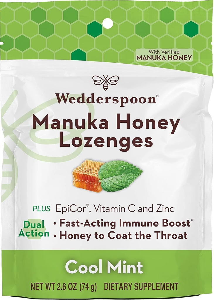 Wedderspoon Manuka Honey Imunity Lozenges, Cool Mint, 2.6 Oz (Pachetul din 1), Original New Zealand Honey, Boost Imunity În termen de două ore