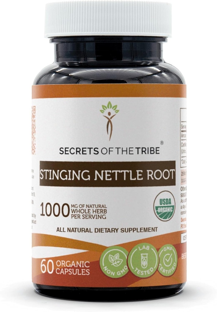 Secretele Tribului Stinging Nettle Root 60 capsule, fabricate din capsule vegetale și USDA Organic Stinging Nettle Urtica Dioica Sistem respirator și urinar Sănătate (60 capsule)