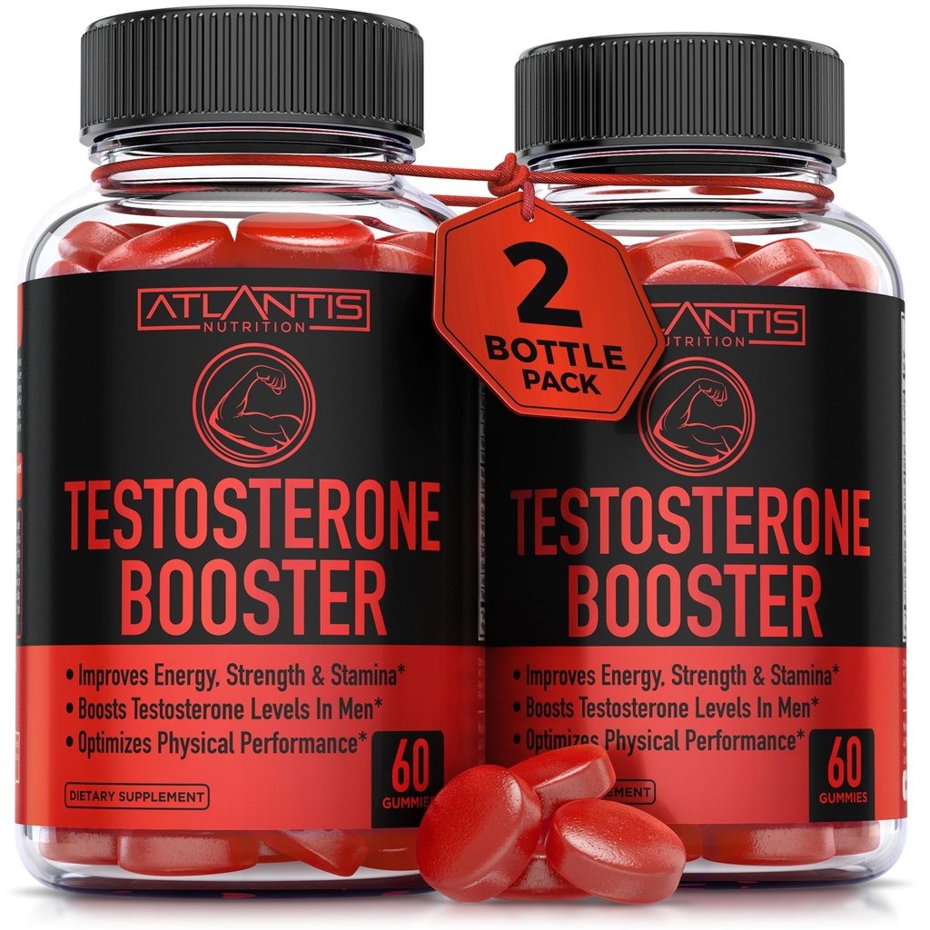 Atlantis Nutriție Testosteron Gumies Boosteron pentru bărbați - Îmbunătățește puterea și rezistența - Optimizează performanța și creșterea masculin - Made with Tribulus, Horny Goat buruienilor, Maca Root 2-Pack (120 Gummies)