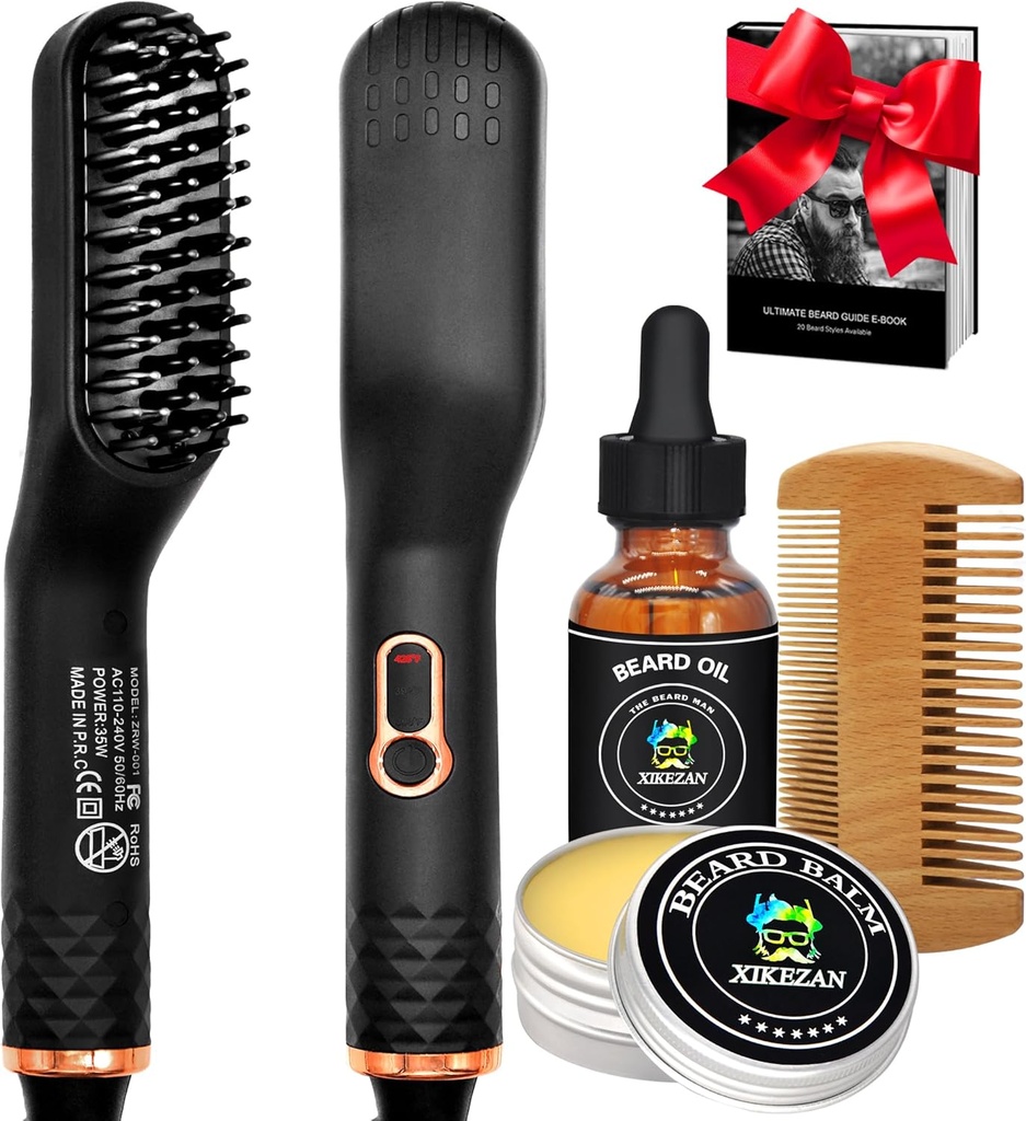 Barbă Îndreptare w/Beard ulei & Balm & Ghid E-Book,Upgraded 3 în 1 Perie de păr Îndreptare barbă Comb, Stocare Unique Stuffers Cadouri pentru bărbați El tată ziua de naștere soț cadouri de Crăciun