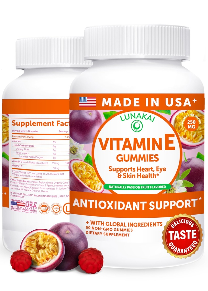 Lunakai SUA Made Vitamina E Gummies 400UI cu vitamina C - Delicious, Vegan, Non-GMO Supliment pentru Skin & Eye Support Daily, 60ct