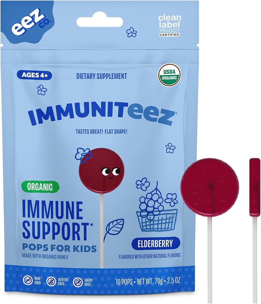 Imuniteez Organic Elderberry Lollipops pentru copii - Suport imun cu vitamina C, D, E, zinc și miere organică - Gluten gratuit de copii vitamine - 10 Count Bag