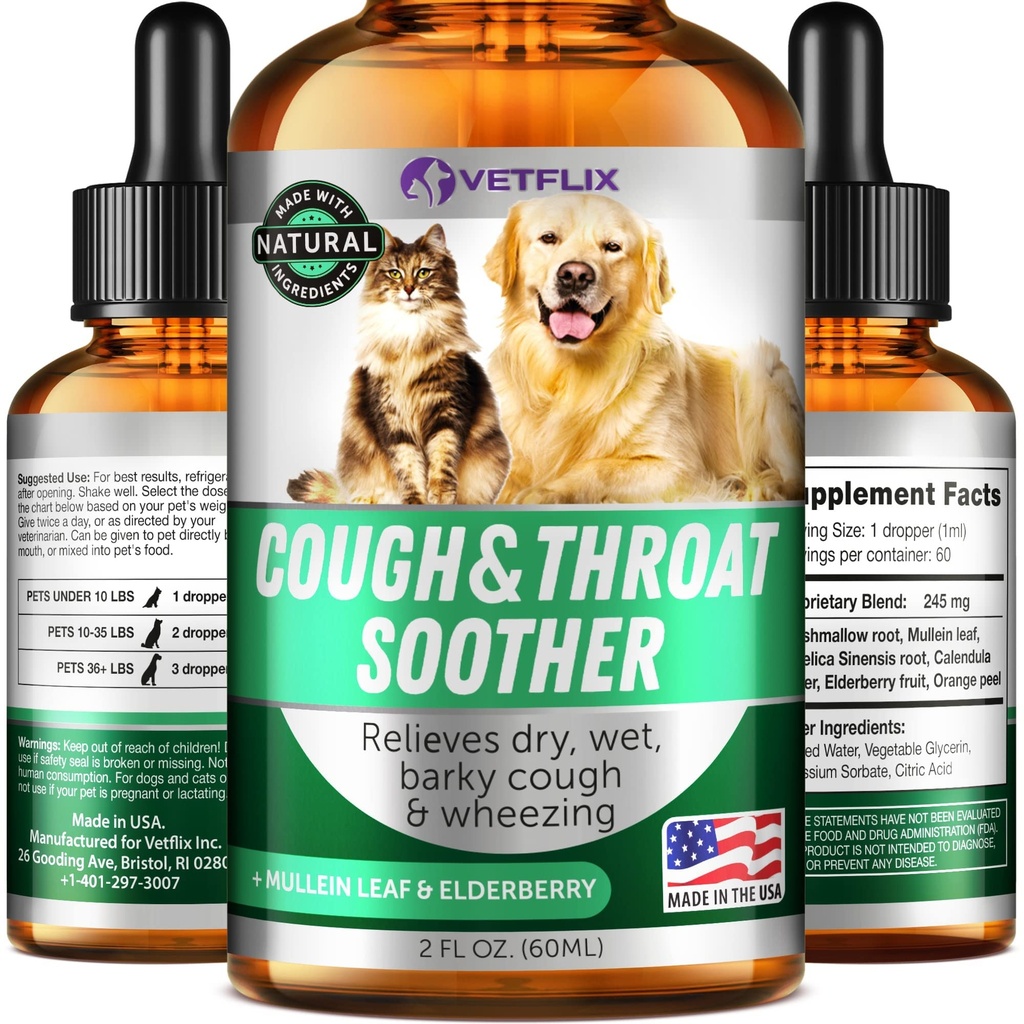 Kennel Tuse Tratamentul pentru câini și pisici - Made in USA - Dog Alergia & Cat Astm Relief - Mullen Leaf & Elderberry Blend - uscat, Ud & Barky Cough Relief pentru câini și pisici - Toate Rasele & Dimensiuni - 2 Fl Oz