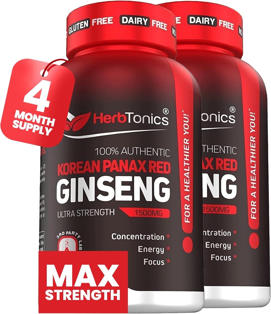 Herbtonics Coreean Red Panax Ginseng 1500mg - Suplimentul energetic pentru performanta de vârf, focus & Vitality - extract de rădăcină Ginseng de înaltă potenţă - 240 capsule Vegan