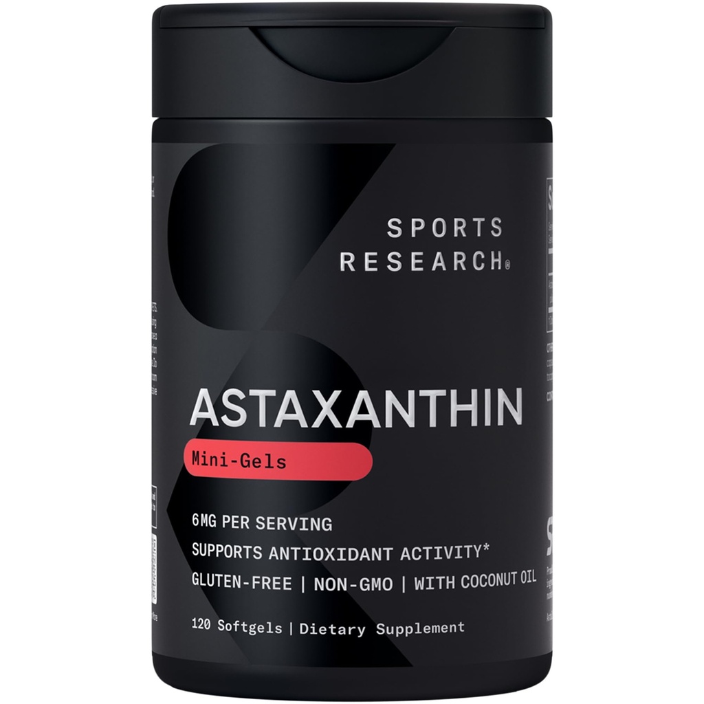 Sport de cercetare Triple Putere Astaxanthin Supliment (6mg) cu ulei de cocos organic pentru activitate antioxidantă, Skin & Eye Health Support - non-GMO verificat & Gluten gratuit - 120 Softgels