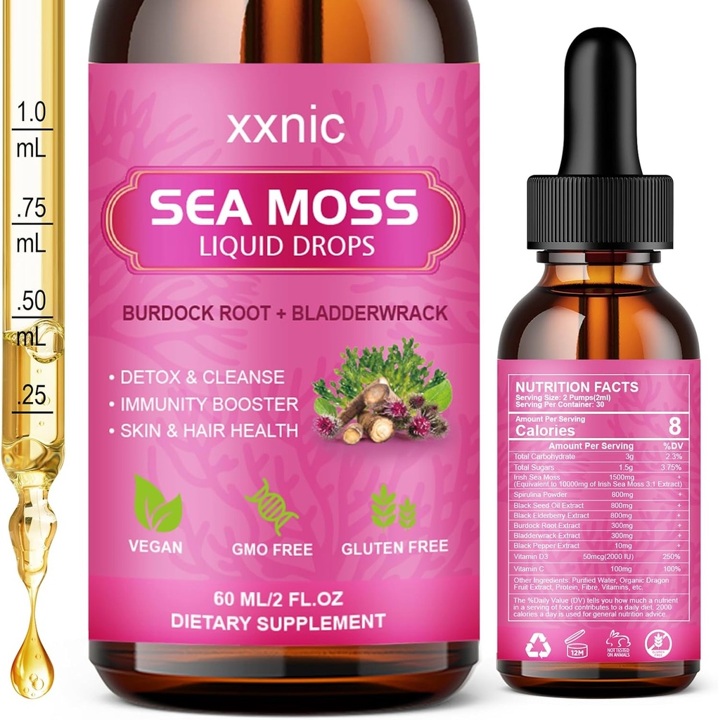 Sea Moss Advanced Liquid Drops, 3000mg Organic Sea Moss lichid cu ulei de semințe negru și irlandez Seamoss Gel, Raw Sea Moss Sprijin Imunity, Joint, Digestive Health, 60ml-L8