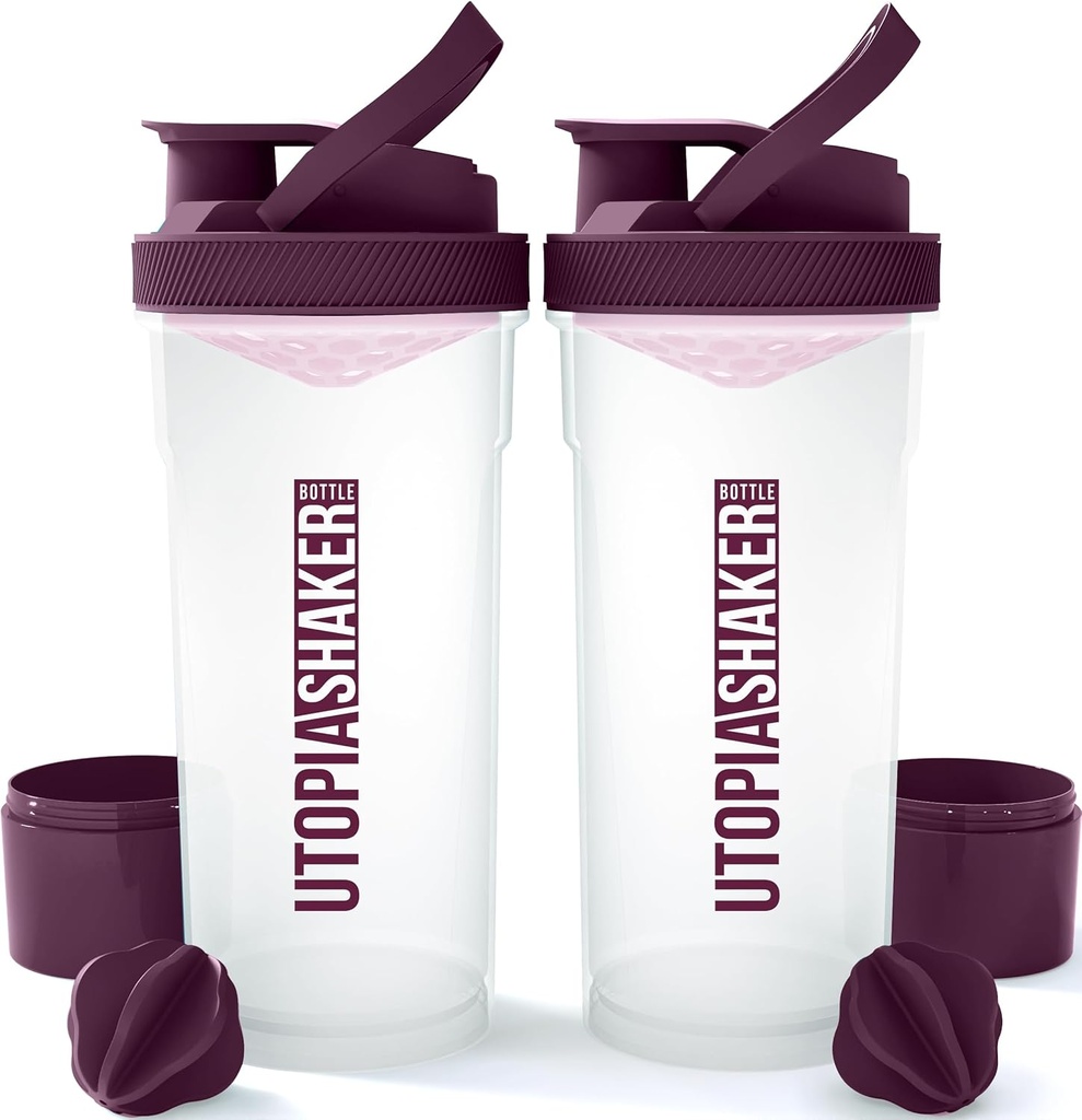 Utopia Home Shaker Sticla 2 Pack - 24 Ounce Proteina plastica sau Cocktail Shaker Sticla pentru Pre & Post antrenament cu Twist & Lock Proteine cutie de stocare (Clear/Plum)