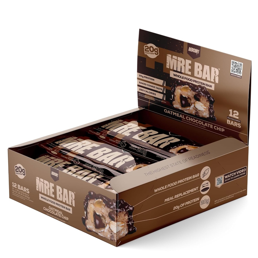 Bar de proteine REDCON1 MRE, Chip de ciocolată fulgi de ovăz - Conține ulei MCT + 20 g de proteine alimentare integrale - Digestible Ușor, Macro Balanced Sugar Meal Bar (12 Baruri)