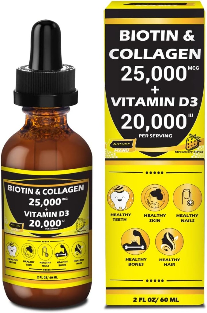 Natura Manu-Premiu 25.000mcg Lichid Biotin & Colagen+20.000iu Vitamina D3 All-in-one Wellness picături zilnice. Sprijină sănătos piele, unghii mai puternice, creșterea părului. Aromă de căpșuni gustoasă - 2 FL OZ/60 ML