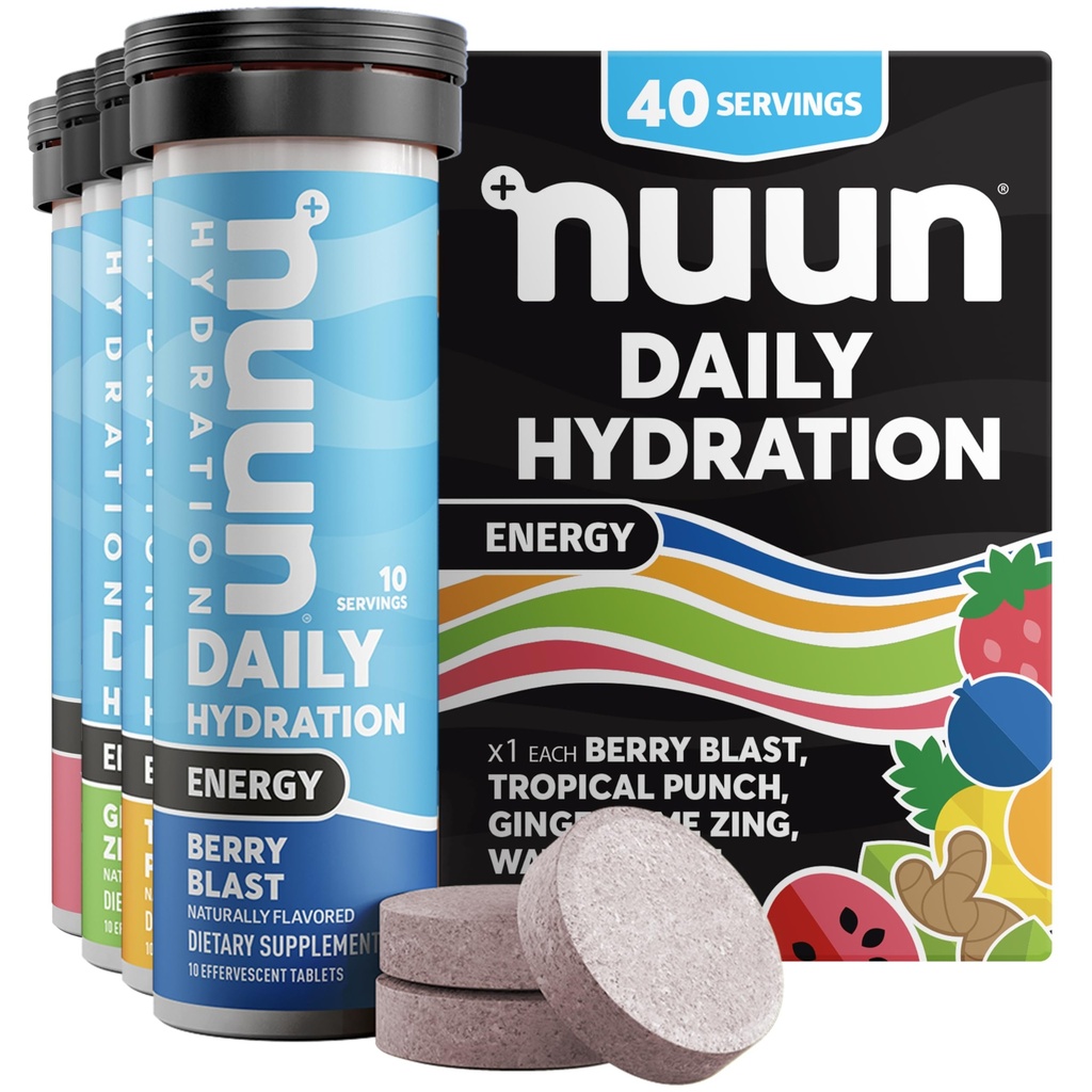 Nuun Energy Electrolyte Tablete cu ginseng, Cafeina din extract de ceai verde, vitamina B12, B6, B5, Magneziu & 4 Electroliți, gluten gratuit & Vegan, arome mixte, 4 pachet (40 Serviri Total)