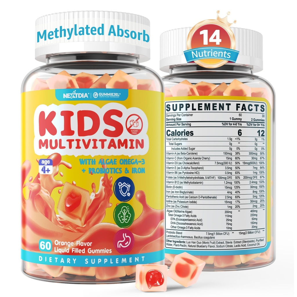Copii Gume multivitamine cu fier, zahăr gratuit, copii Vitamine zilnice + Probiotice, Algae Omega 3 (EPA/DHA), A, C, D, metil B12, Folate, B6, Zinc, Biotina, pentru crestere sanatoasa, Suport imun, 60 Conte