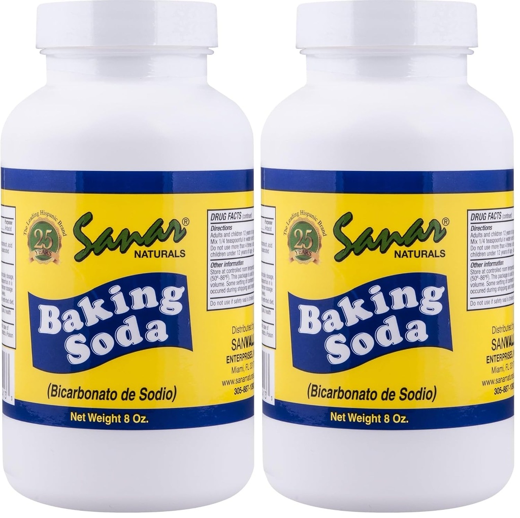 Sanar Naturals Baking Soda, 8 oz - Pentru suport digestiv ca Antiacid, Gătit, Curățare, Deodorizare, & More (Pachet de 2)