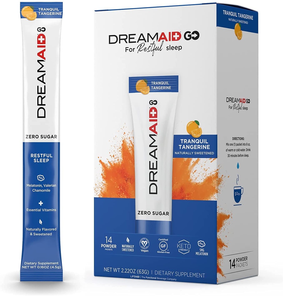 Sleep Aid Drink Mix, DreamAid, Melatonin, Musetel - Ajuta adultii sa cada mai repede, sa doarma mai mult si sa se trezeasca simtindu-se intinerit, Zero Sugar & Keto Friendly, 14 Serviri (Pachetul de 1)