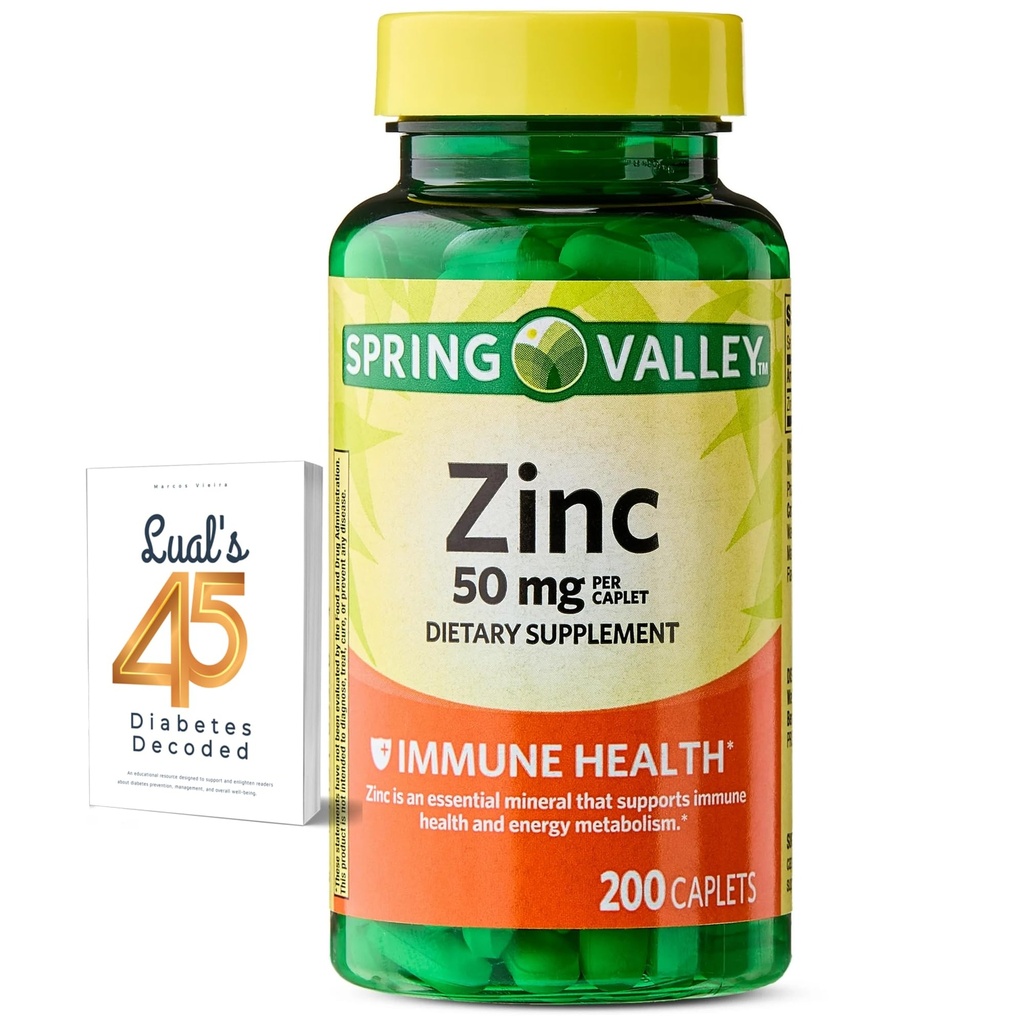 Spring Valley Zinc 50 mg, 200 Conte, Supliment alimentar Caplete pentru sănătate imună, Suplimente imune de zinc, Bundle cu 45 Diabet zaharat Lual Decodat