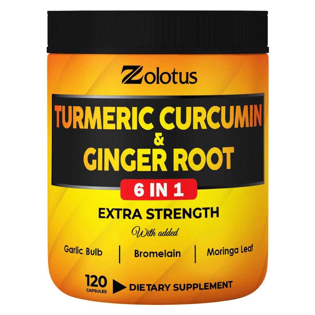 6 din 1 capsule de Curcumina Turmerica + Ginger, 95% Curcuminoide cu ghimbir, usturoi Bulb, Bromelain, Moringa, Pepper negru - 120 capsule
