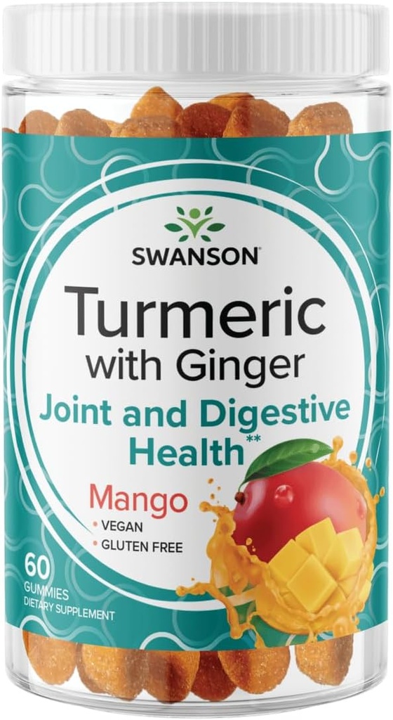 Swanson Turmeric cu Ginger Gummies - All Natural Supplement Promoving Digestive & Immune System Health - Helps to Support Joint Function & Movement Abability - (Mango, 60 Gummies)