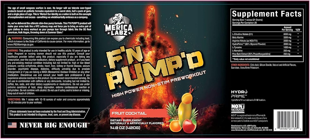 'Merica Labz F'N Pump'D Stimulant Free, Nitric oxid,Fully Dosed, Pump PreWorkout pulbere (20 Servings) (Frut Cocktail)