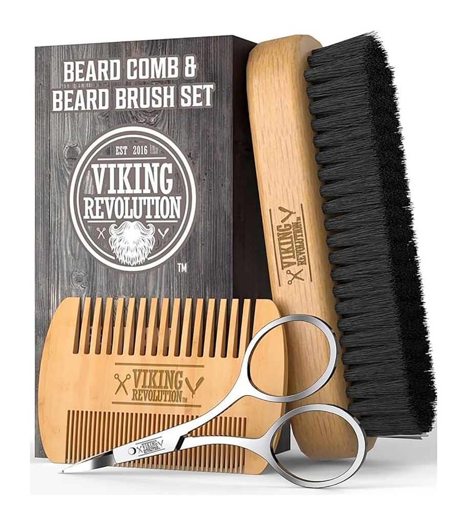 Viking Revolution Beard Comb & Beard Brush Set pentru barbati -- Natural Boar Bristle Brush and Dual Action Pear Wood Comb w/Velvet Travel Pouch - Great for Grooming Beards and Mustaces
