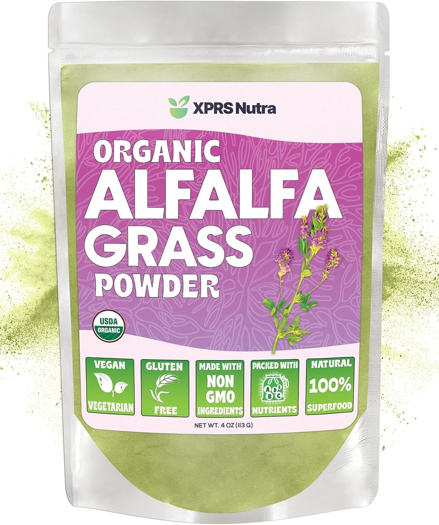 XPRS Nutra organic Alfalfa pulbere - Premium Vegan supliment bogat în calciu, antioxidanți, vitamine - Farmer Alfalfa Supliment pentru copii și adulți - Vegan prietenos frunze sănătoase (4 Ounce)