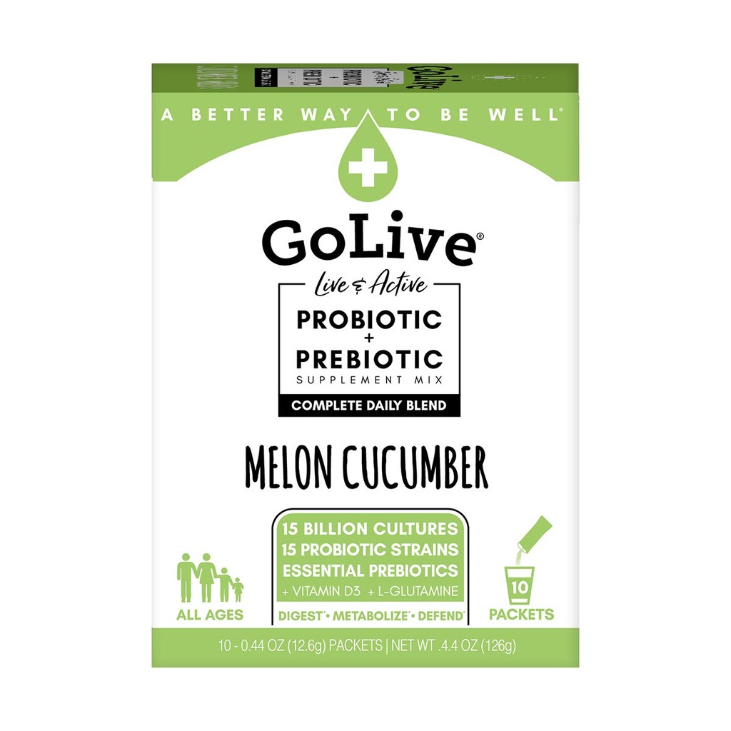 Probiotice GoLive pentru adulţi şi copii, Melon şi Castravete, Probiotice 10ct pentru adulţi şi copii, Fibră prebiotică pentru sănătate gutoasă şi digestivă, recomandate de medici şi dieitieni