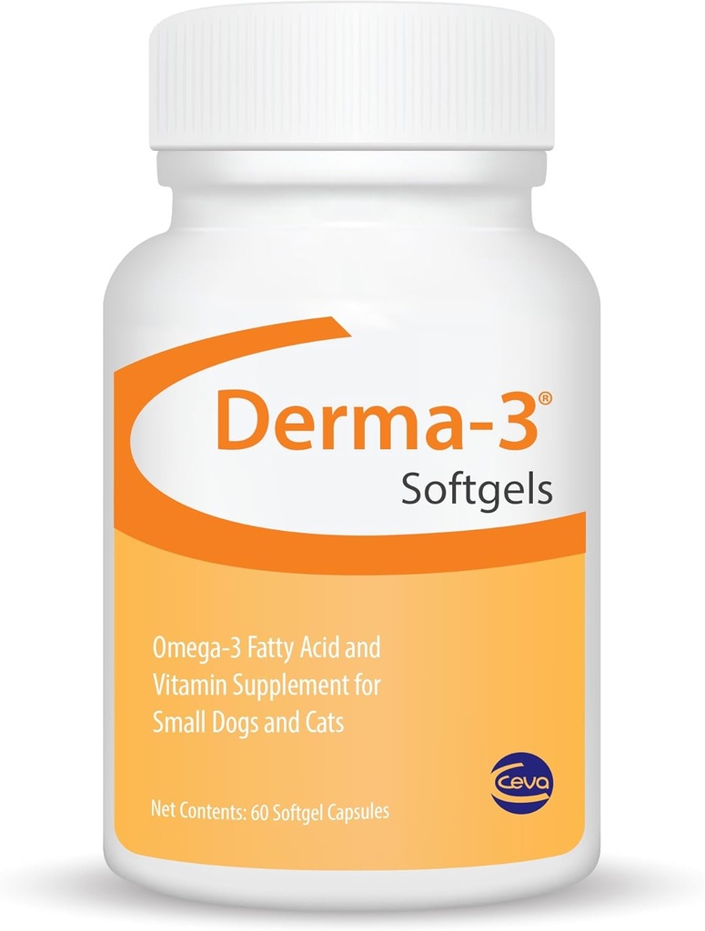 Ceva Derma-3 Softgels, Omega-3 Acid gras și supliment de vitamine pentru câini mici + pisici (conte 60)