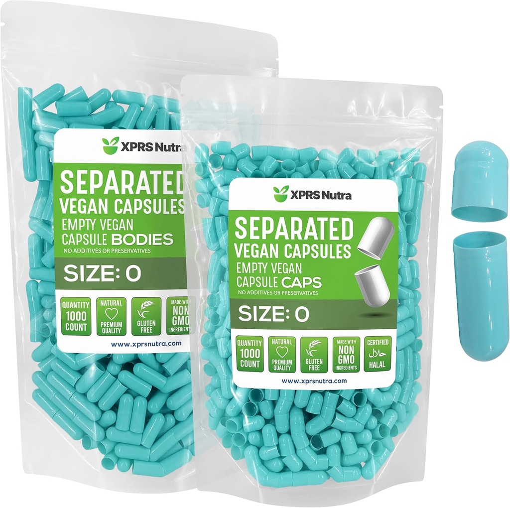 XPRS Nutra Vegan Dimensiune 0 Capsule separate - 1000 capsule Premium goale separate în pungi - pastile 0 pentru umplere suplimentară DIY (Aqua)